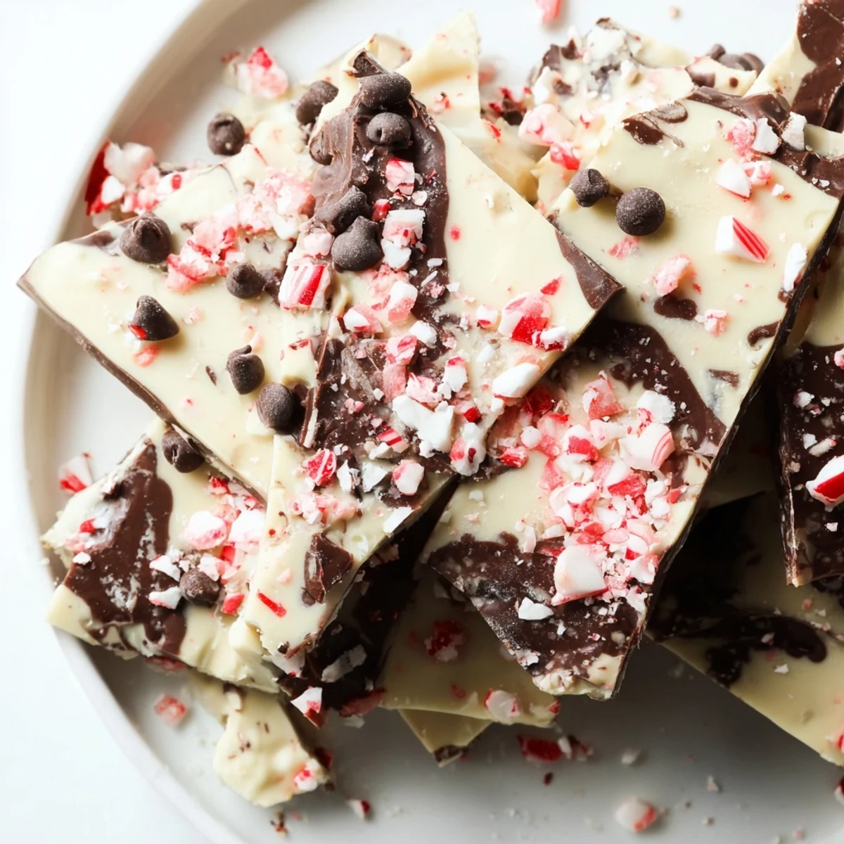 Aboard a scattered board, festive peppermint bark shards are ready to share.