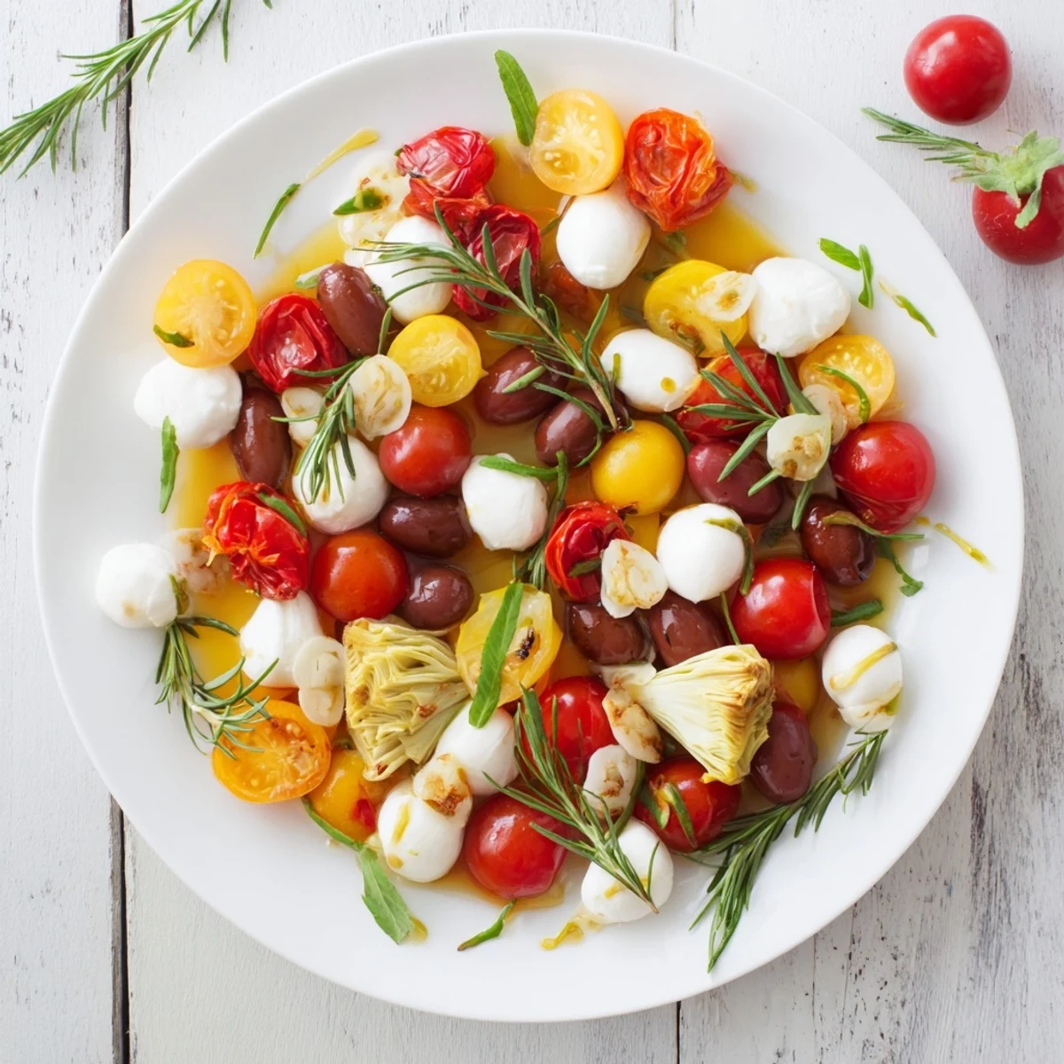 Festive Olive and Cherry Tomato Garland Board, showcasing red, yellow, and green tomatoes with olives.
