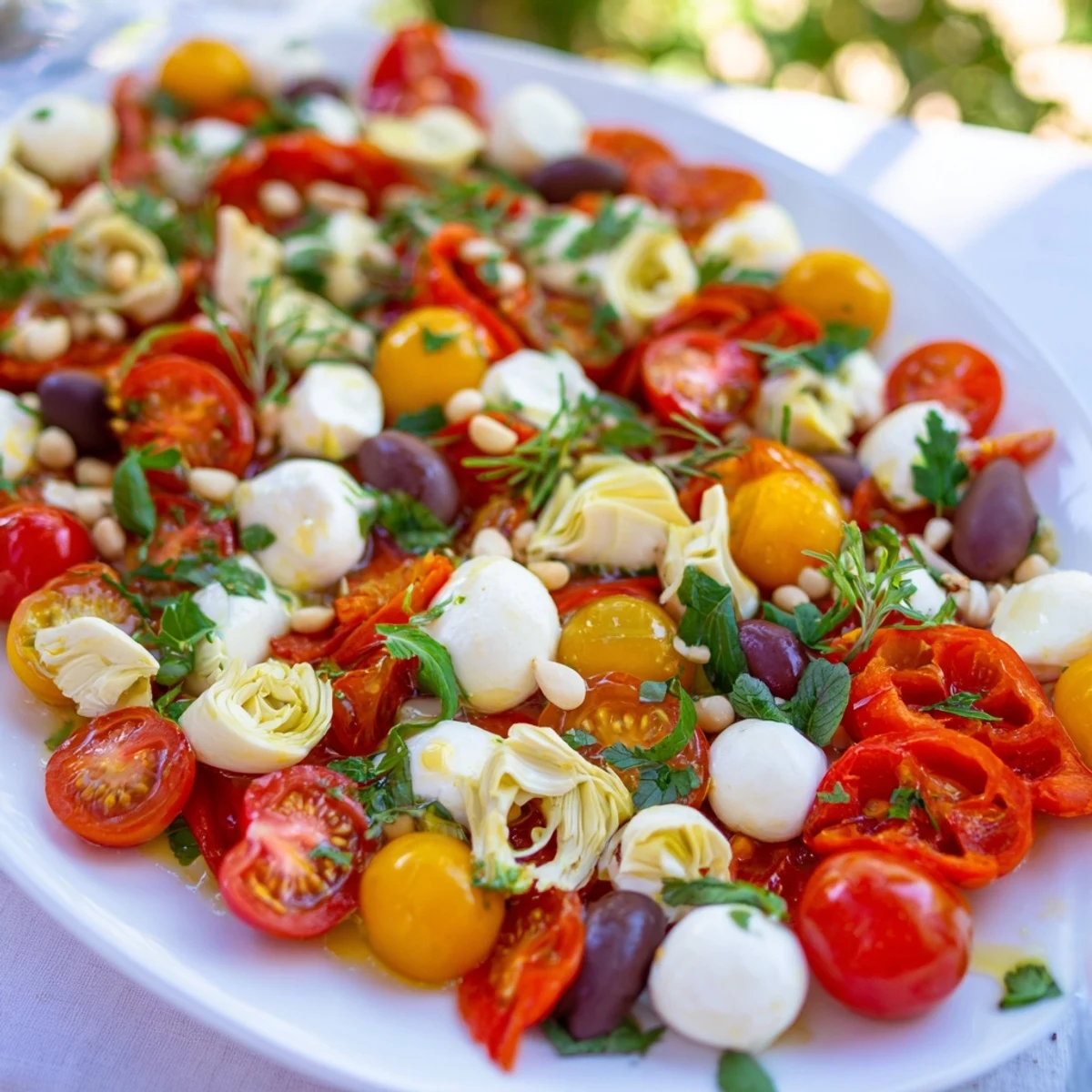 A colorful Olive and Cherry Tomato Garland Board, perfect for a Mediterranean appetizer platter.
