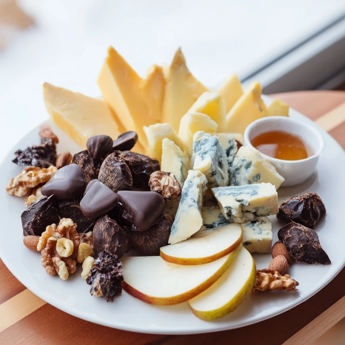 Fireside Comfort & Cocoa with dark chocolates, aged cheese, and warm cocoa, a cozy treat.