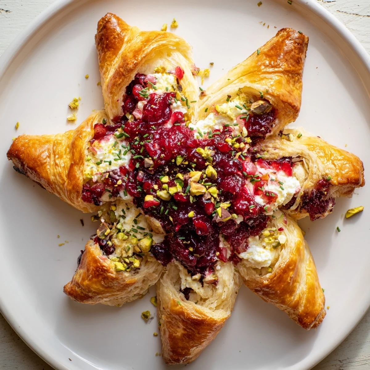 Festive Cranberry Christmas Star appetizer, baked golden, showcases bursts of tart cranberries and creamy cheese.