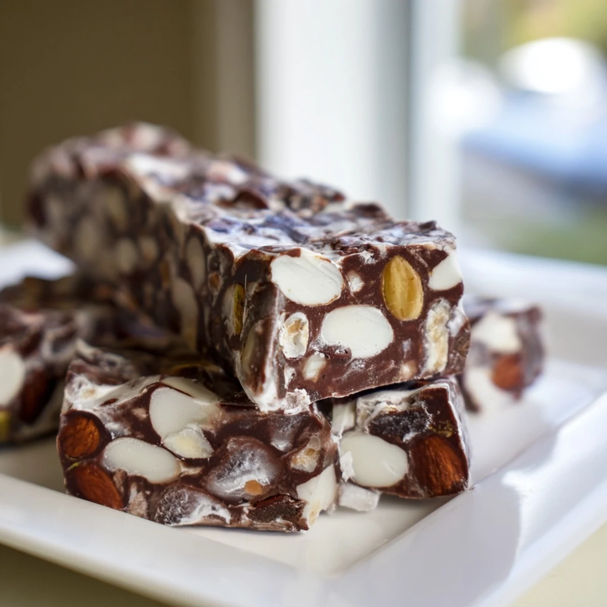 Close-up of a tray of warm Nutty Nougat Snack Bars, showing texture and drizzled dark chocolate.