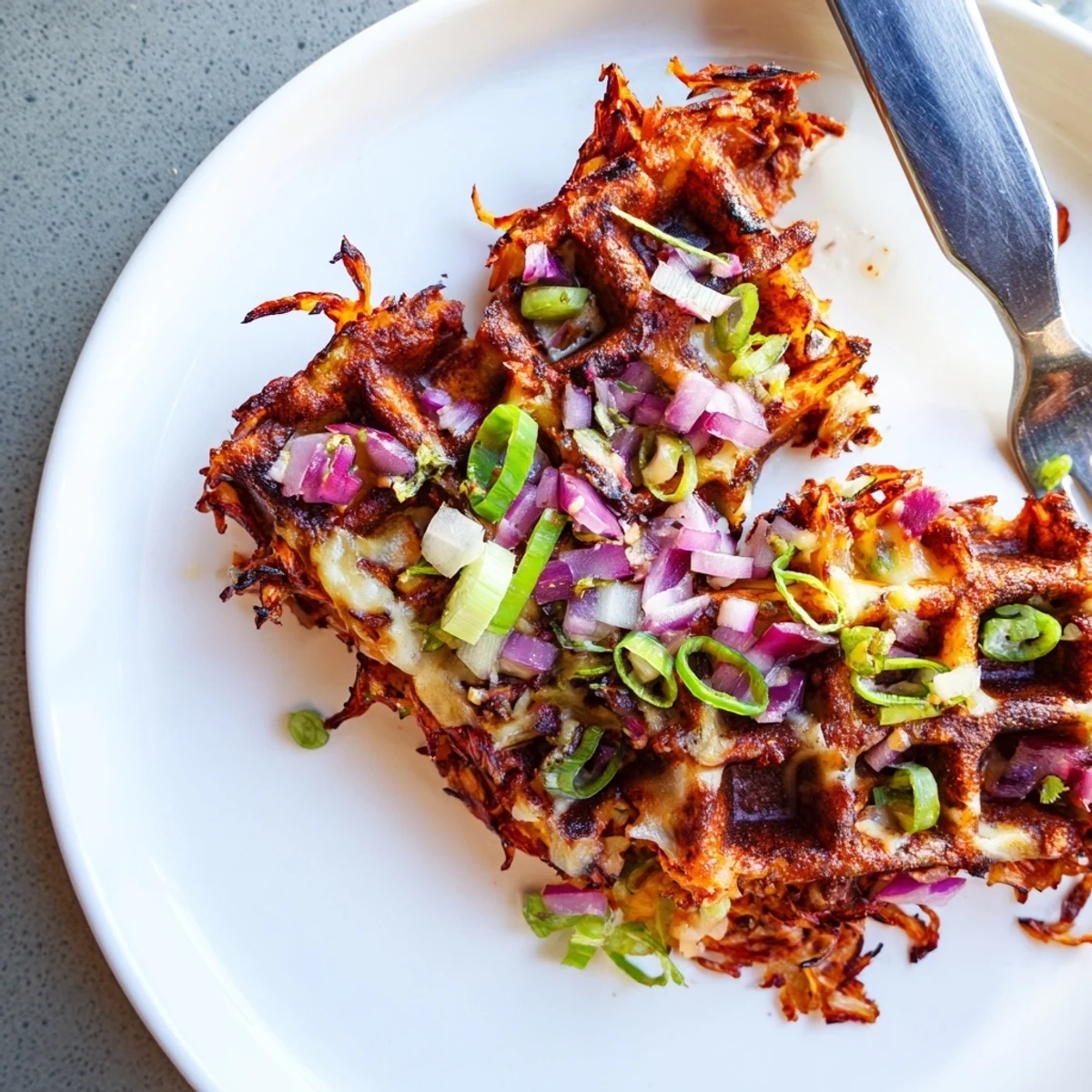 Crispy Red Cabbage Waffles, golden-brown and steaming, offer a delicious brunch or dinner option.