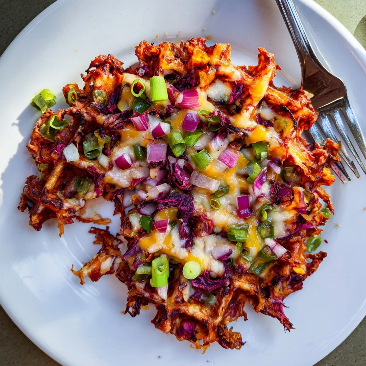 Freshly made Crispy Red Cabbage Waffles, topped with herbs, promise a flavorful and savory bite.