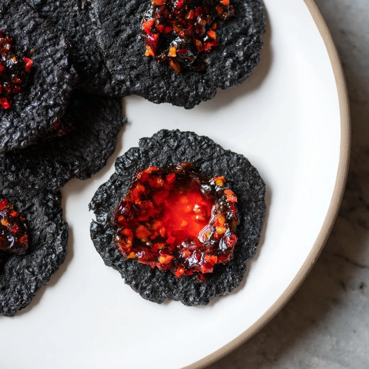 A close-up of The Volcanic Flow appetizer: spicy jelly "lava" erupting from a black cracker crater.