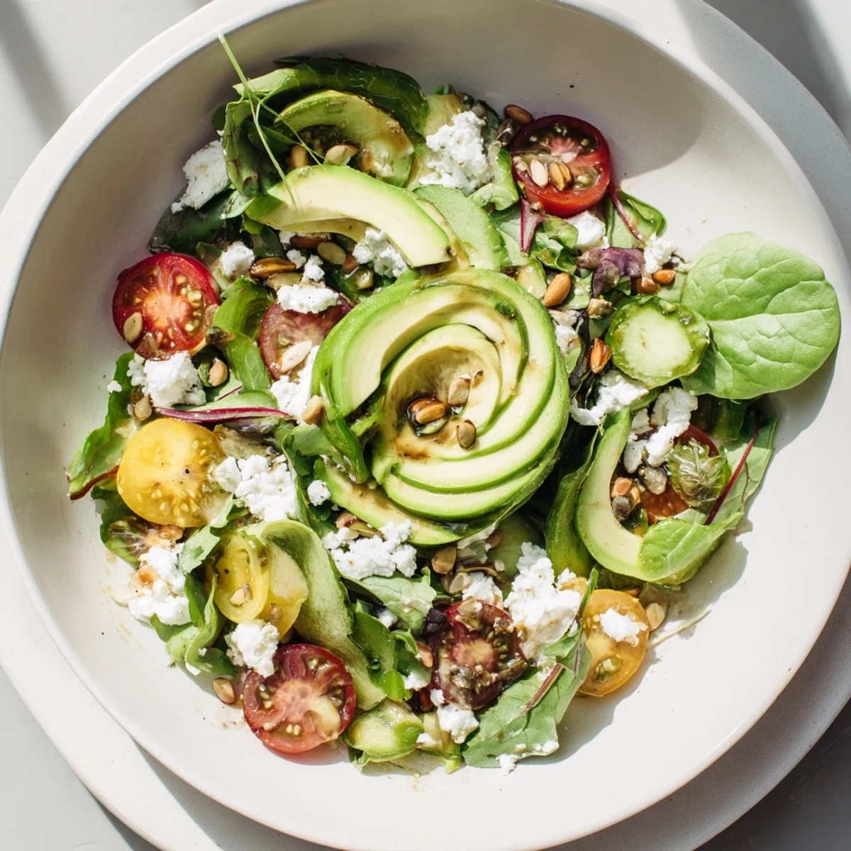 Freshly tossed Golden Ratio Salad, showcasing layers of texture and a bright, zesty dressing.