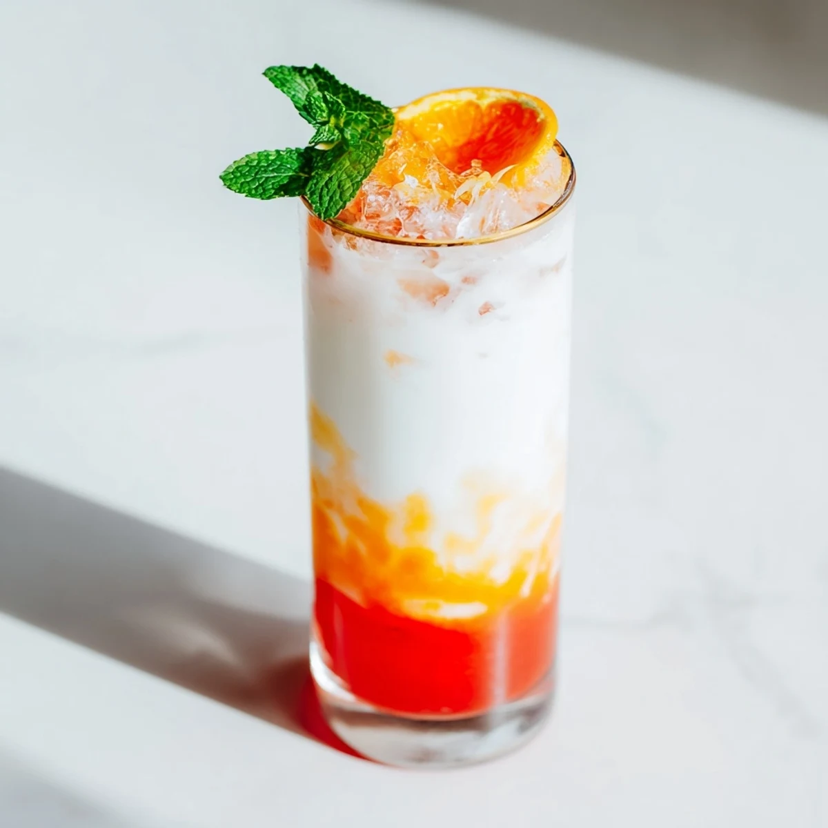 Vibrant, layered Alpine Sunrise mocktail, a beautiful sunrise in a glass, ready to be enjoyed with brunch.