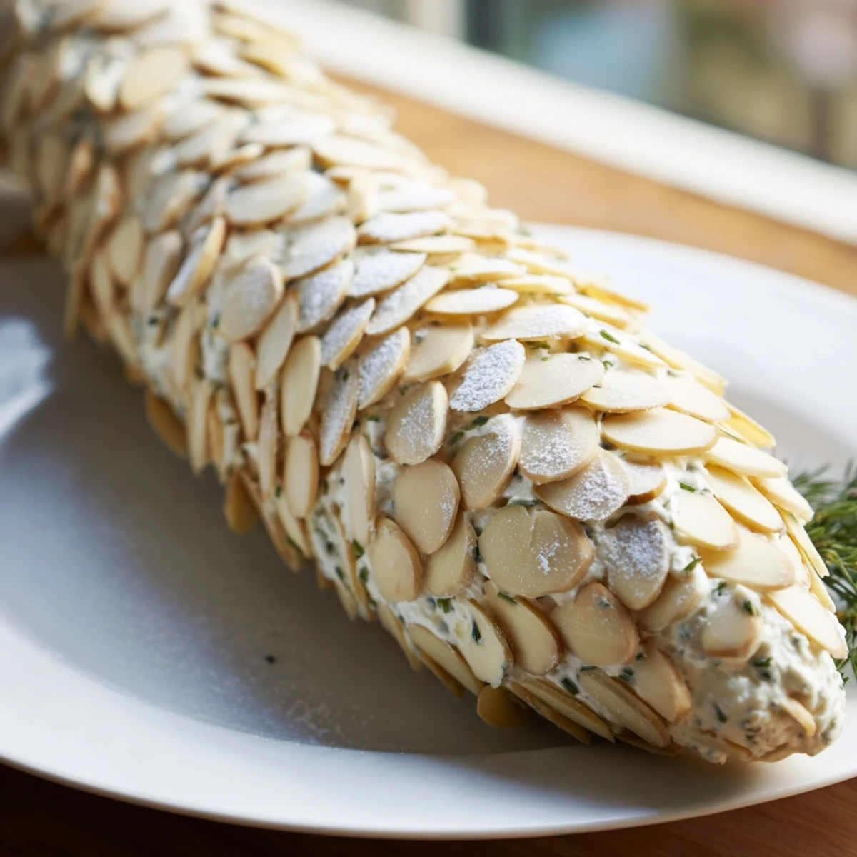 Close-up of a snowy pinecone centerpiece made with almonds and cheese, ideal for holidays.