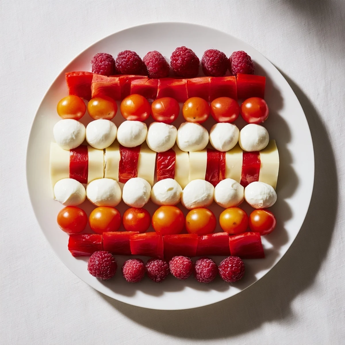 A festive peppermint stripe celebration platter with fresh mozzarella, strawberries, and salami arranged in vibrant stripes.