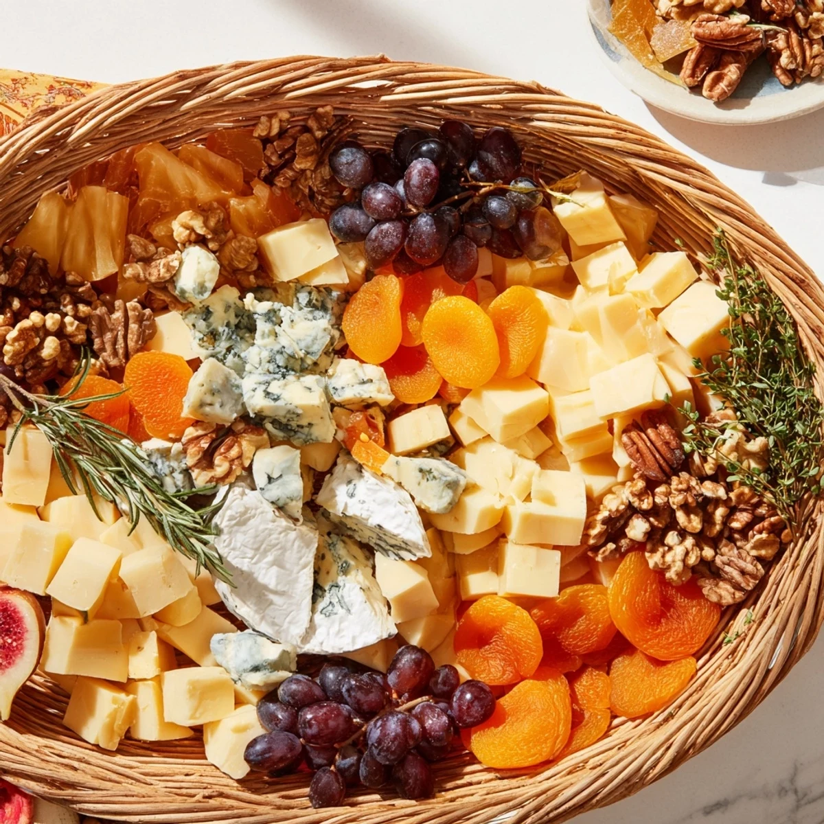 Autumn Harvest Horn of Plenty overflowing with colorful dried fruits, nuts, and cheeses, ready to serve.