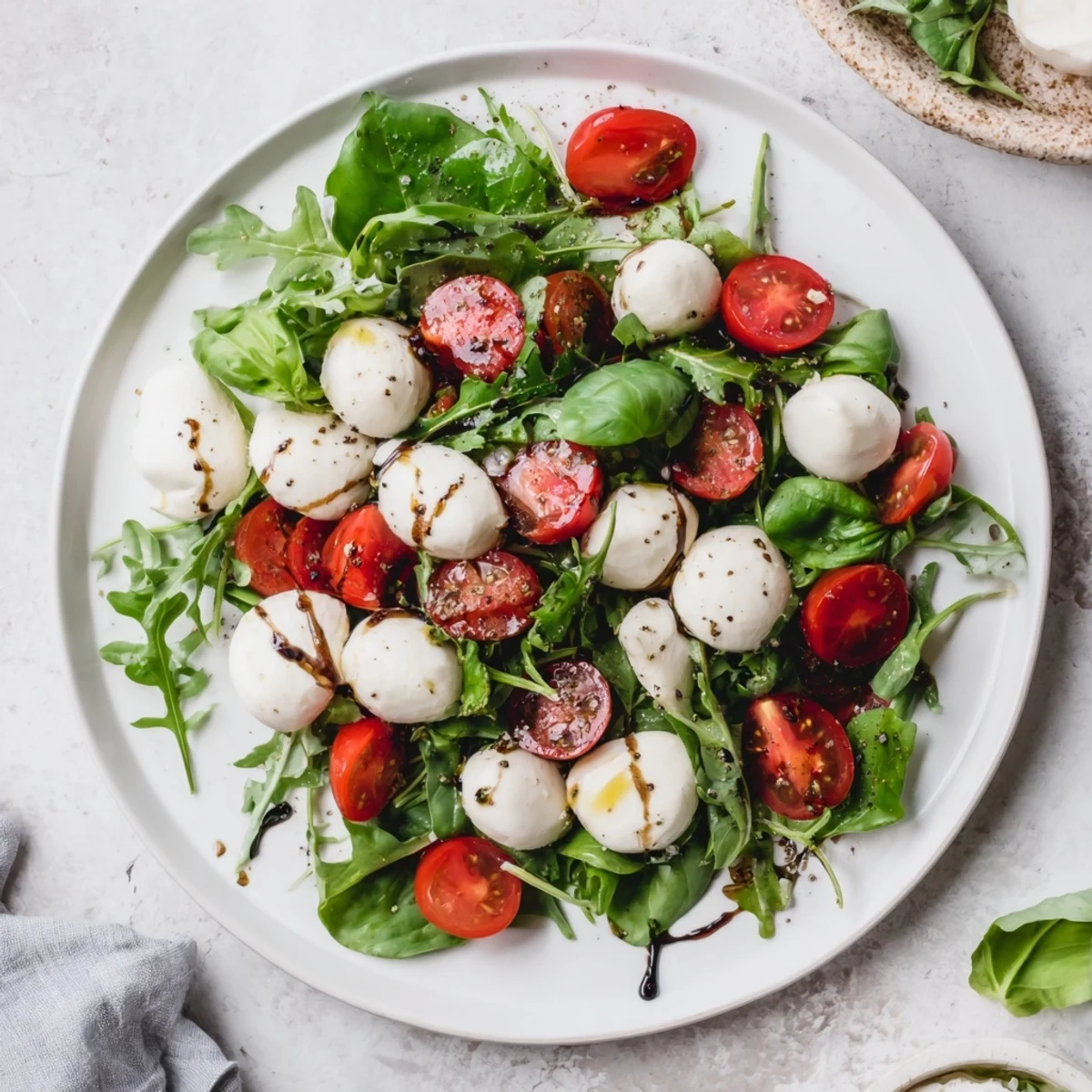 Juicy cherry tomatoes and fresh basil accent The Pearly Strand, a mozzarella pearl salad.