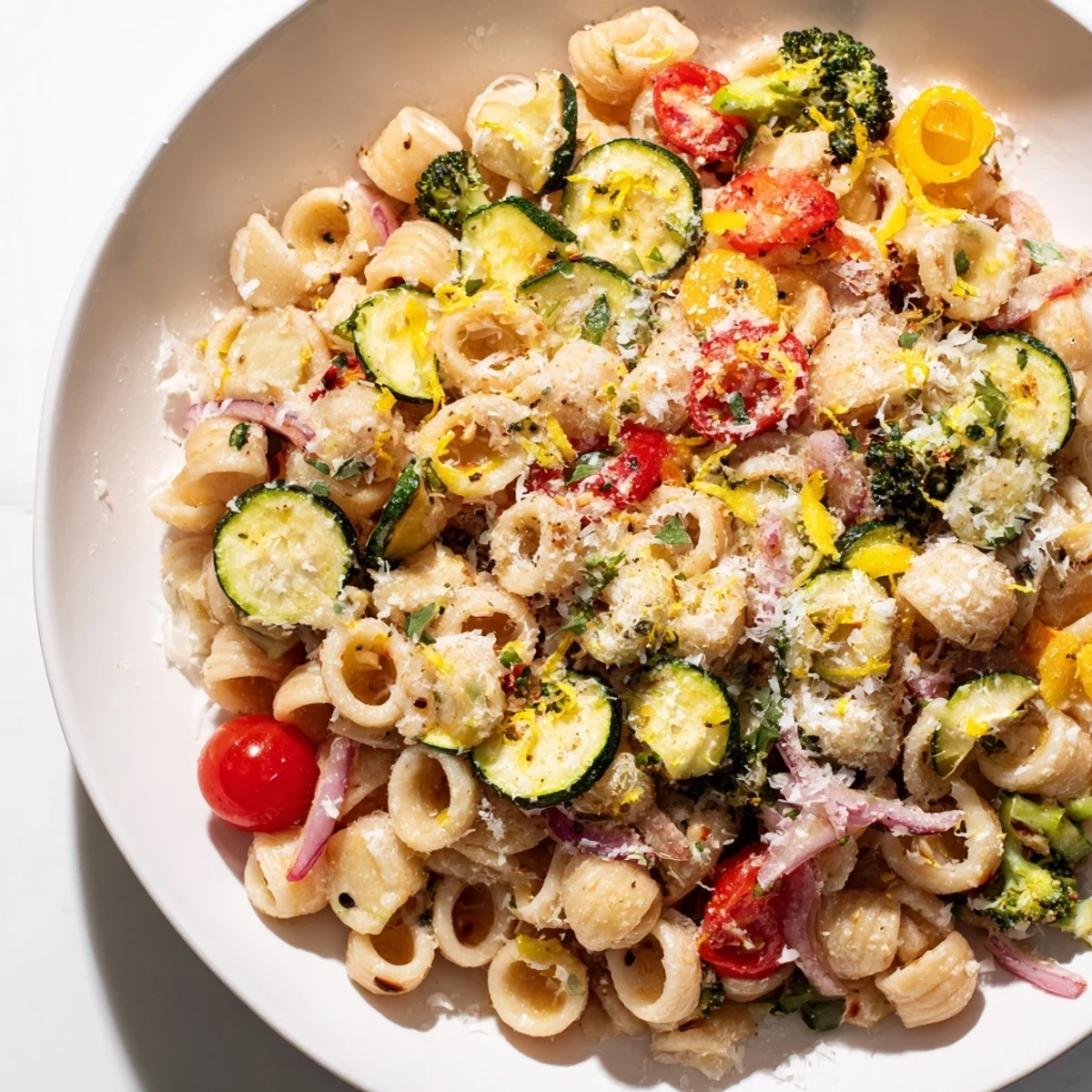 Vibrant bowl of ditalini with air-fried vegetables, ready to serve and enjoy for dinner tonight.