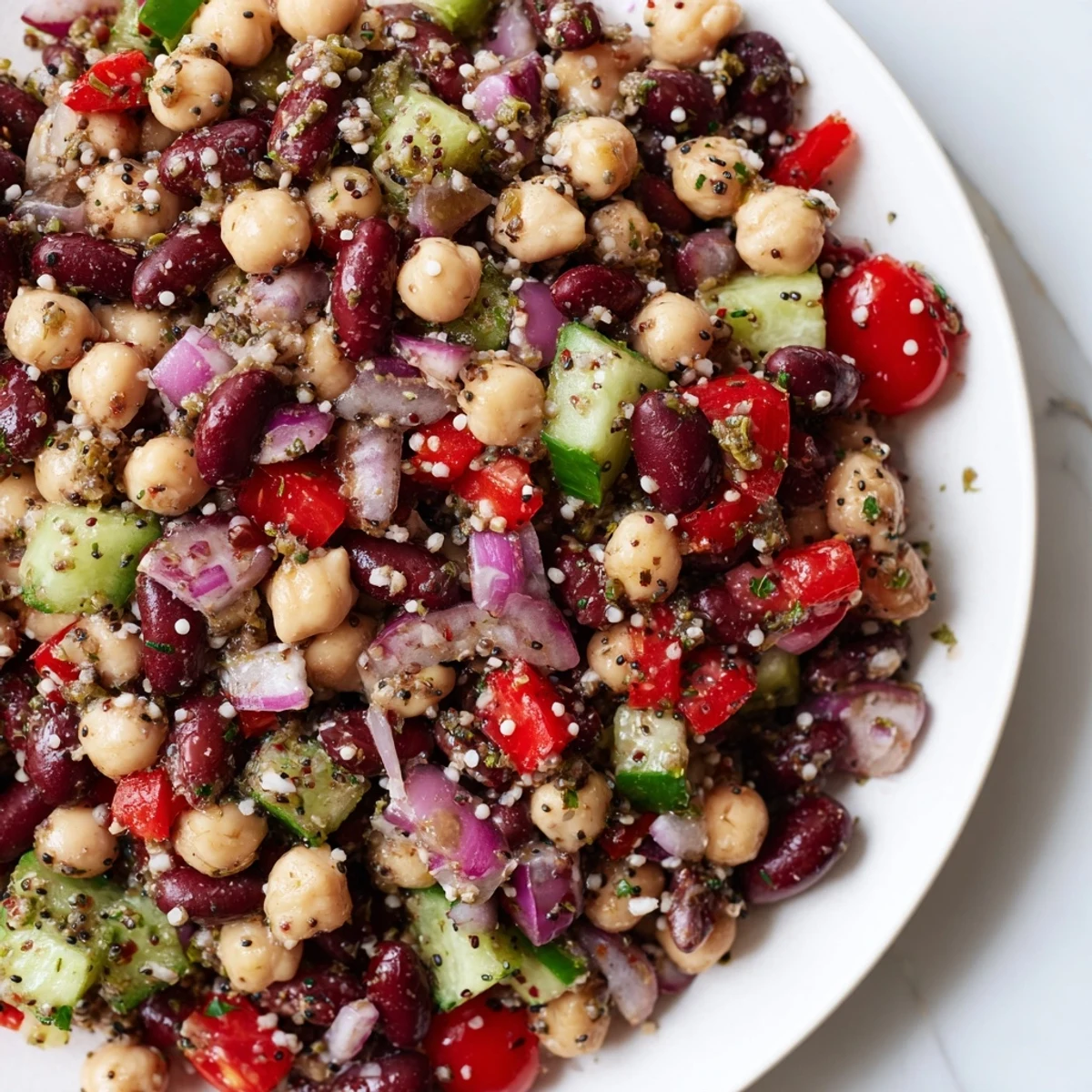 Colorful bowl of Dense Bean Salad with Wellness Seeds, ready for a healthy and satisfying meal.