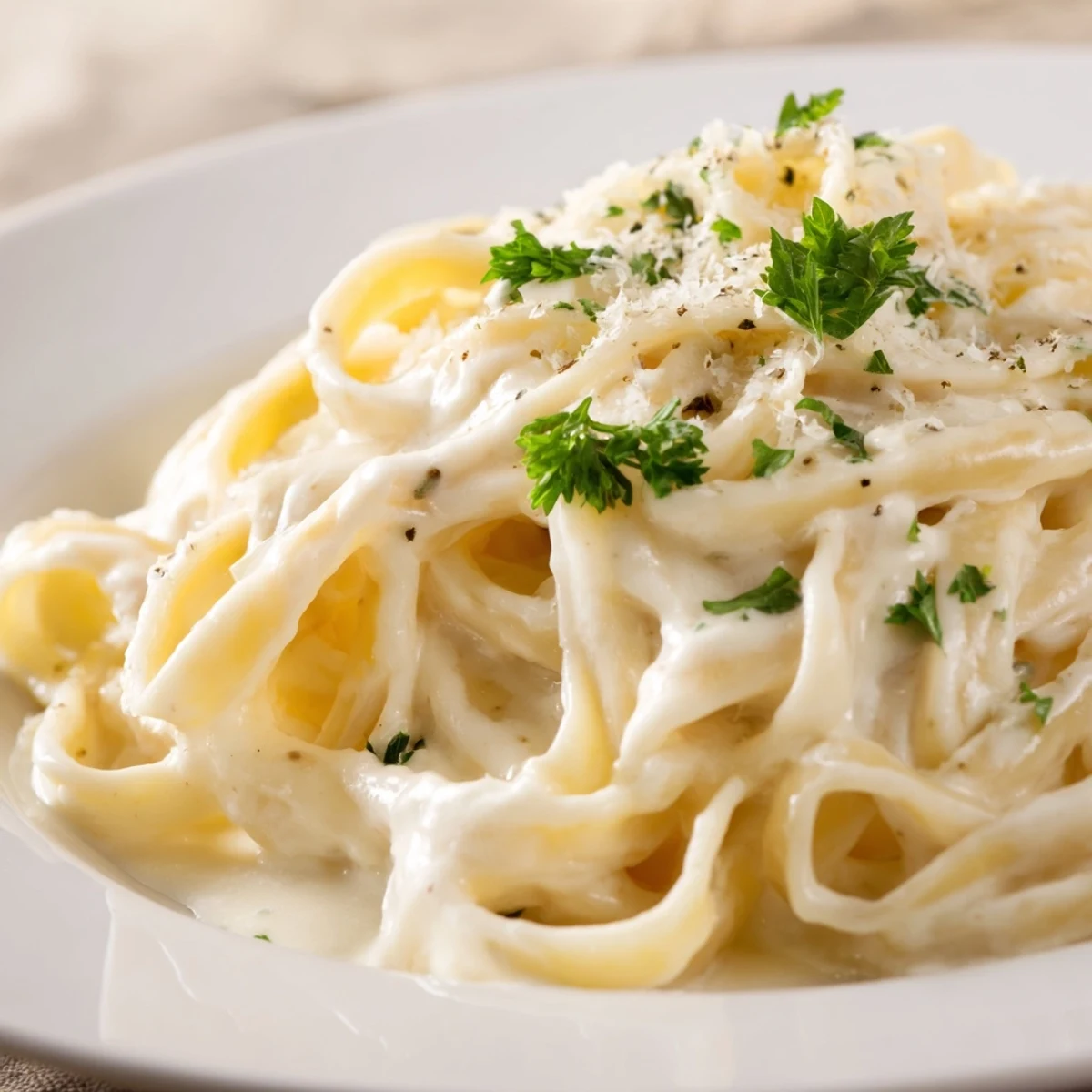 Cottage cheese Alfredo pasta, creamy and rich, tossed with parsley and Parmesan for serving.