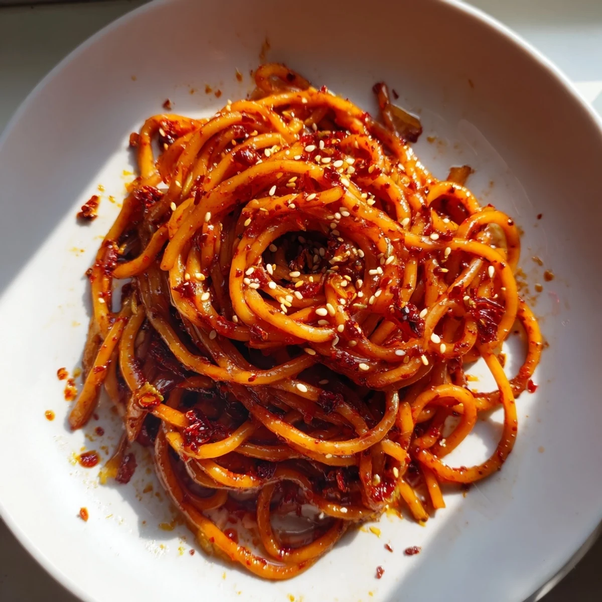Garlic Chili Oil Noodles steaming in a bowl, a flavorful and spicy Chinese-inspired dish.