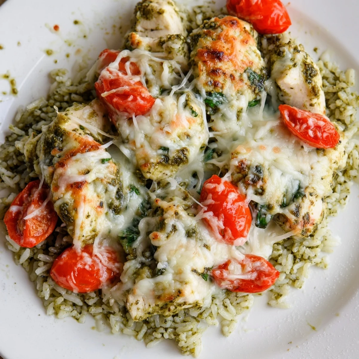 Chicken Pesto Rice Bake bubbling with melty mozzarella, perfect for a cozy weeknight dinner.