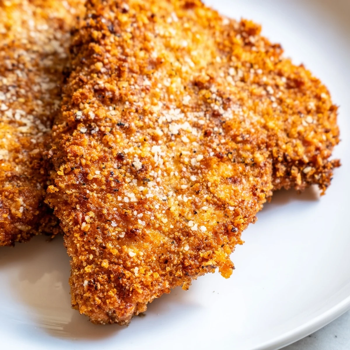 Golden, crispy air fryer chicken cutlets, perfectly cooked and ready to be served with lemon.