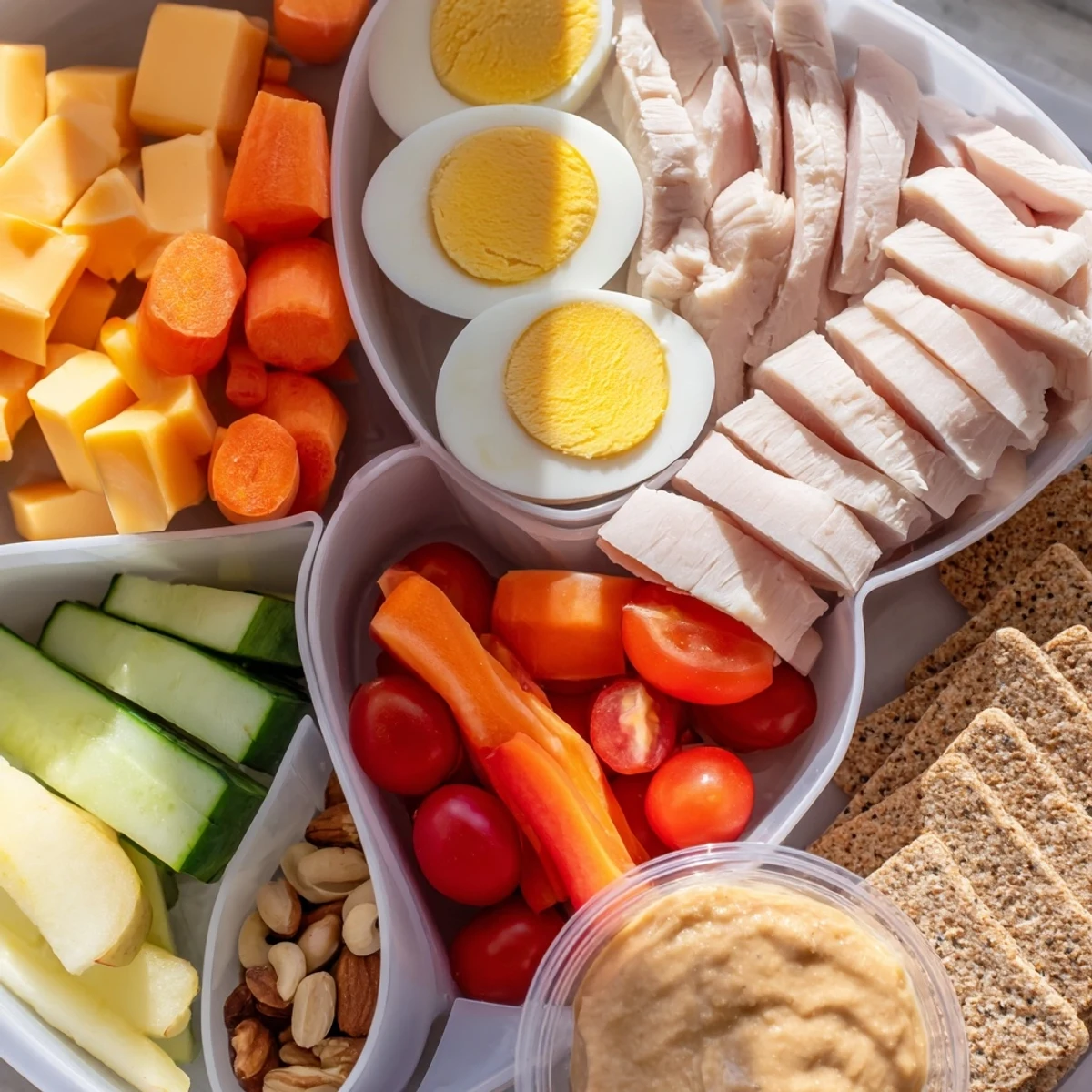 Vibrant protein snack boxes arranged with turkey, colorful veggies, and crackers, ready to eat.