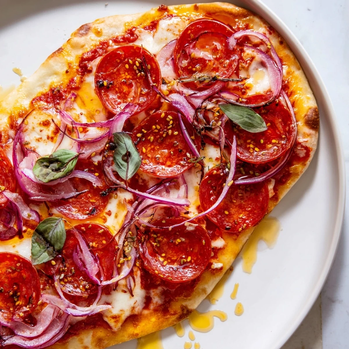 Spicy pepperoni and mozzarella on a hot honey flatbread, a delicious American pizza style dish.
