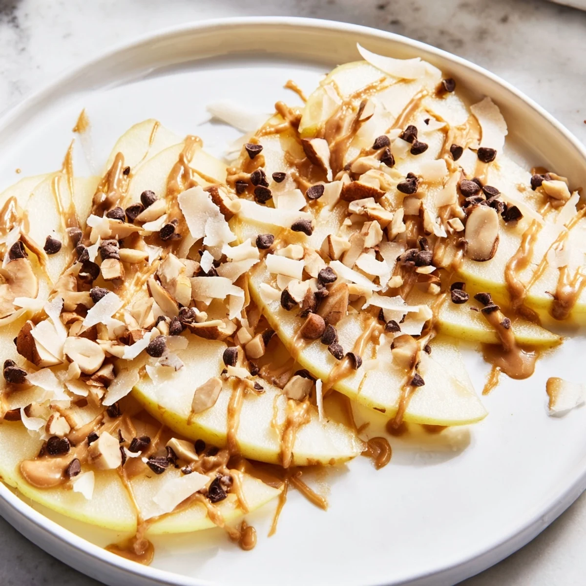 Crisp apple slices covered in peanut butter, a delightful Peanut Butter Apple Nachos snack.