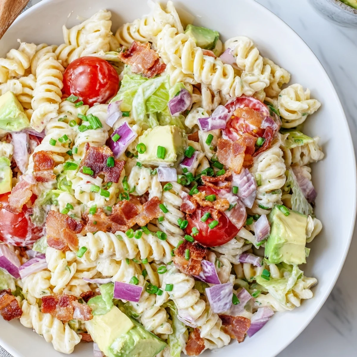 Creamy BLT Pasta Salad with golden bacon and vibrant tomatoes, perfect for summer gatherings.