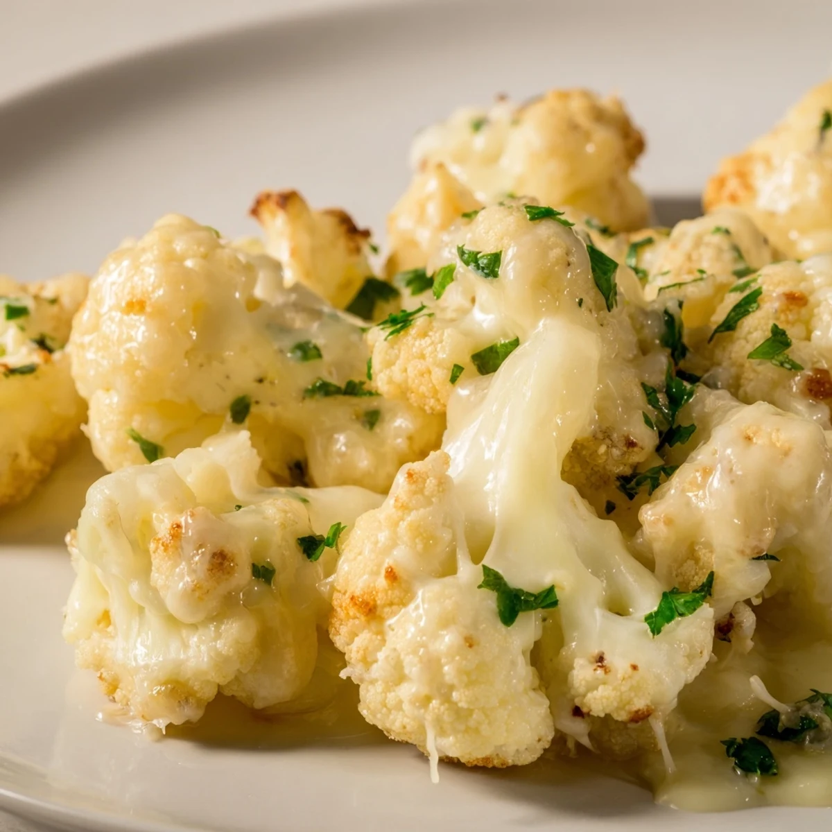 Creamy, bubbly Cheesy Cauliflower Mac with a golden brown top, ready to serve.