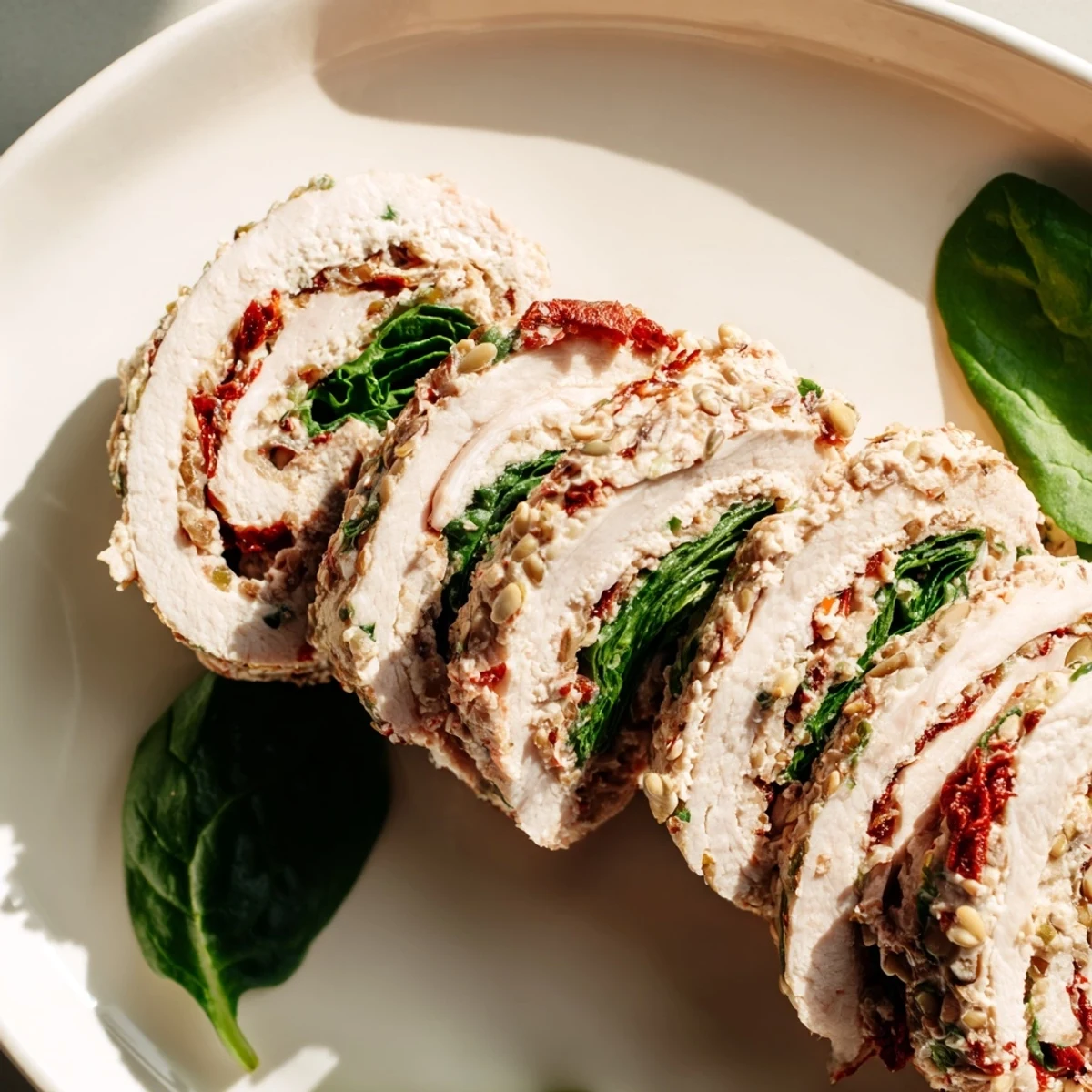 Freshly made: Sun-dried tomato turkey roll-ups with spinach and creamy filling, a delightful appetizer.