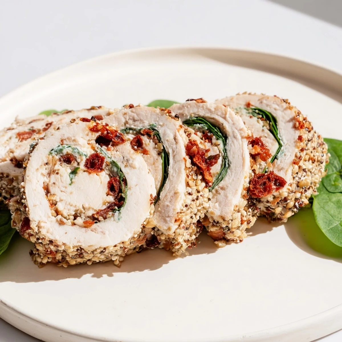 Close-up of delicious sun-dried tomato turkey roll-ups, showing layers of turkey, cheese, and fresh greens.