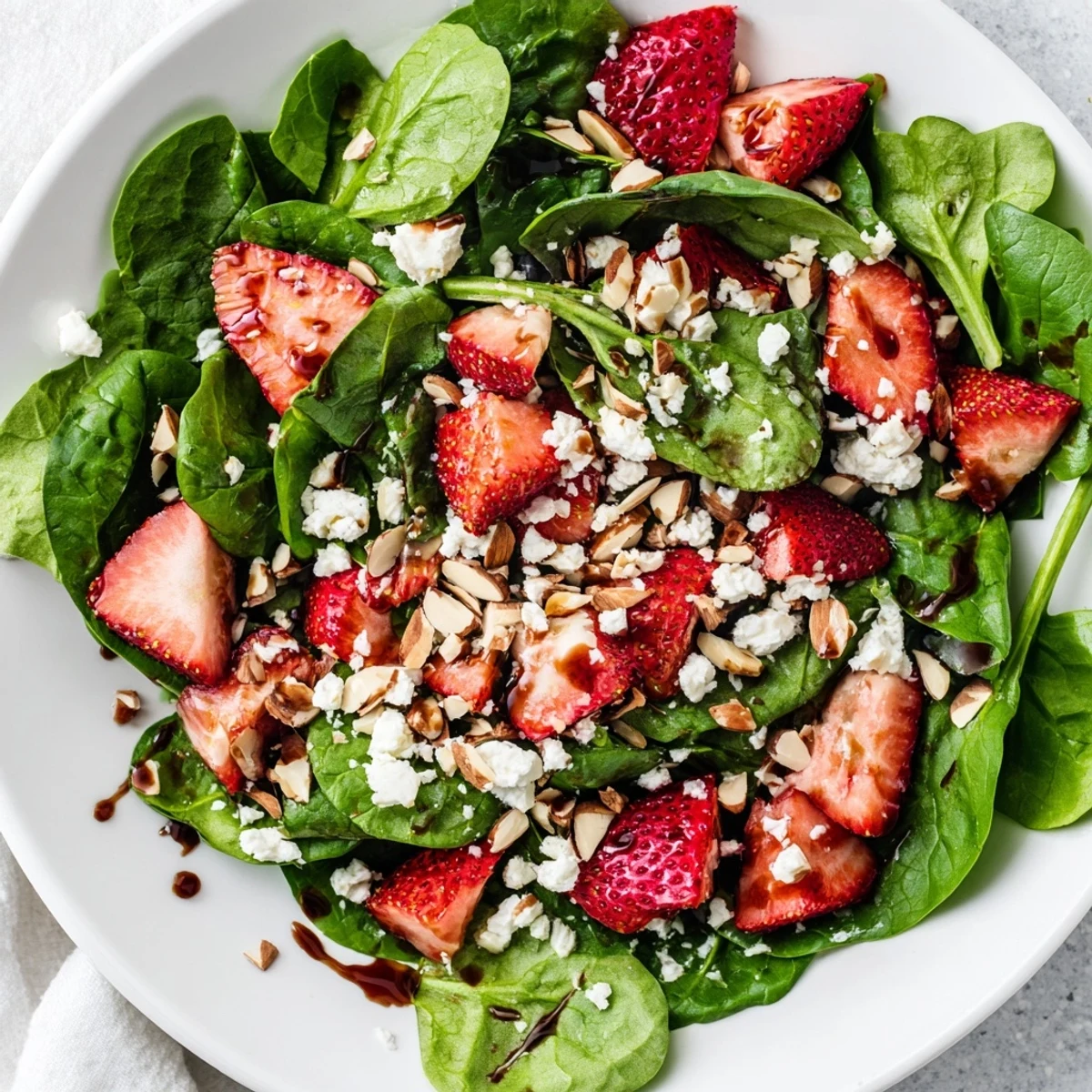 Fresh Strawberry Spinach Salad with vibrant red strawberries and crumbled feta, ready to eat.