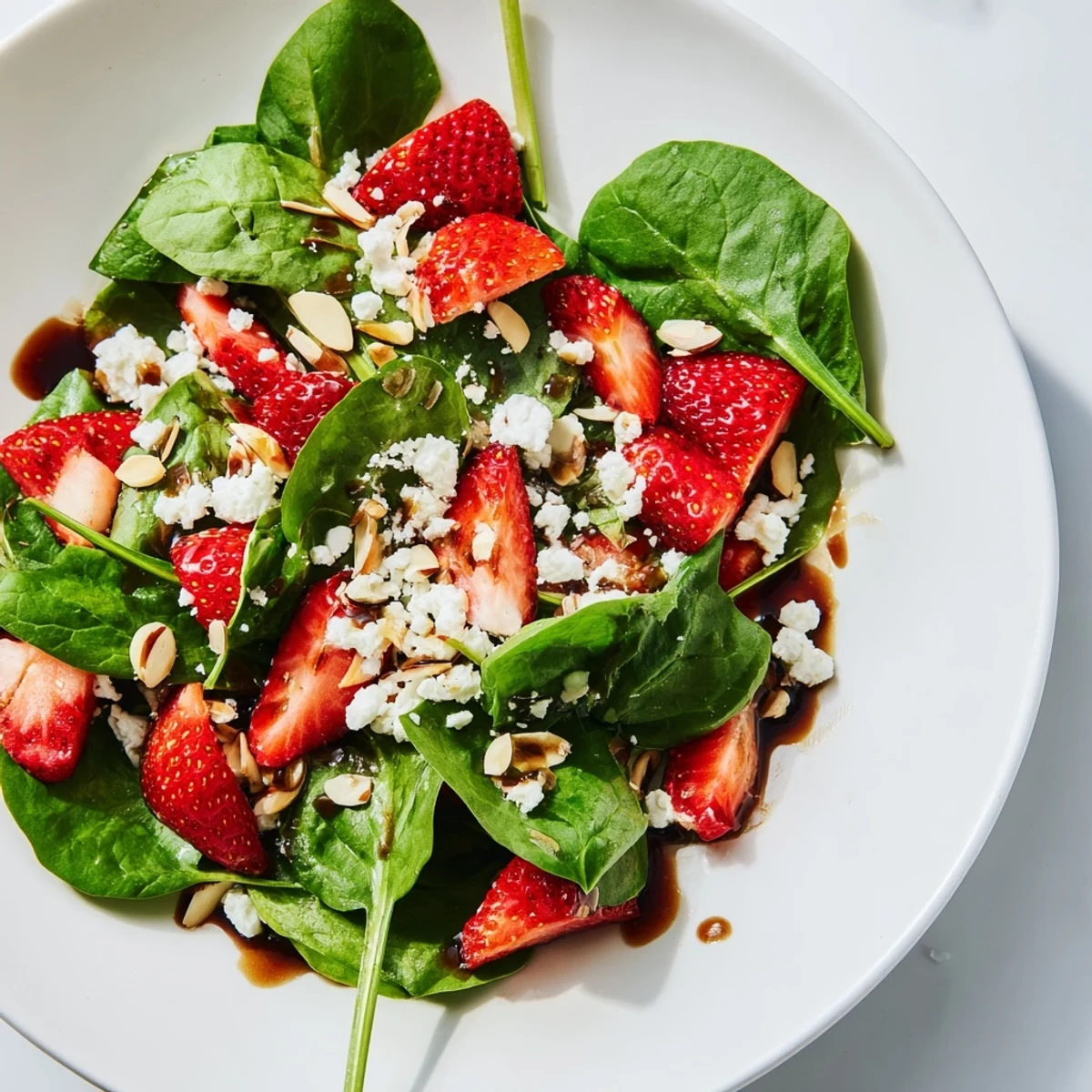 A delicious, colorful Strawberry Spinach Salad with sweet strawberries, tossed in tangy vinaigrette.