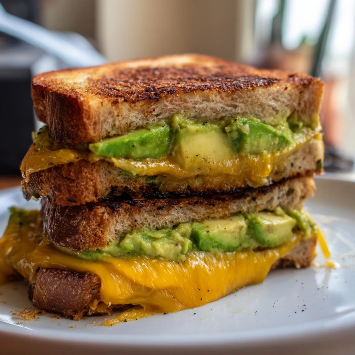 Creamy avocado toast grilled cheese sandwich, oozing melted cheddar, golden toasted on a plate.