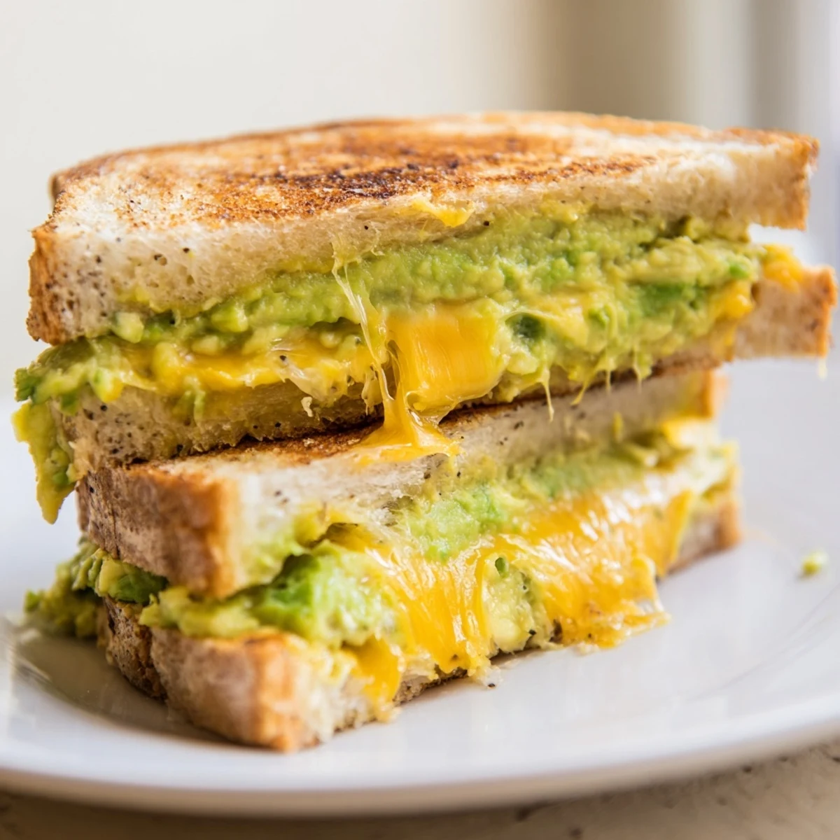 Perfectly golden-brown avocado toast grilled cheese, a vegetarian comfort food sliced open, ready to eat!
