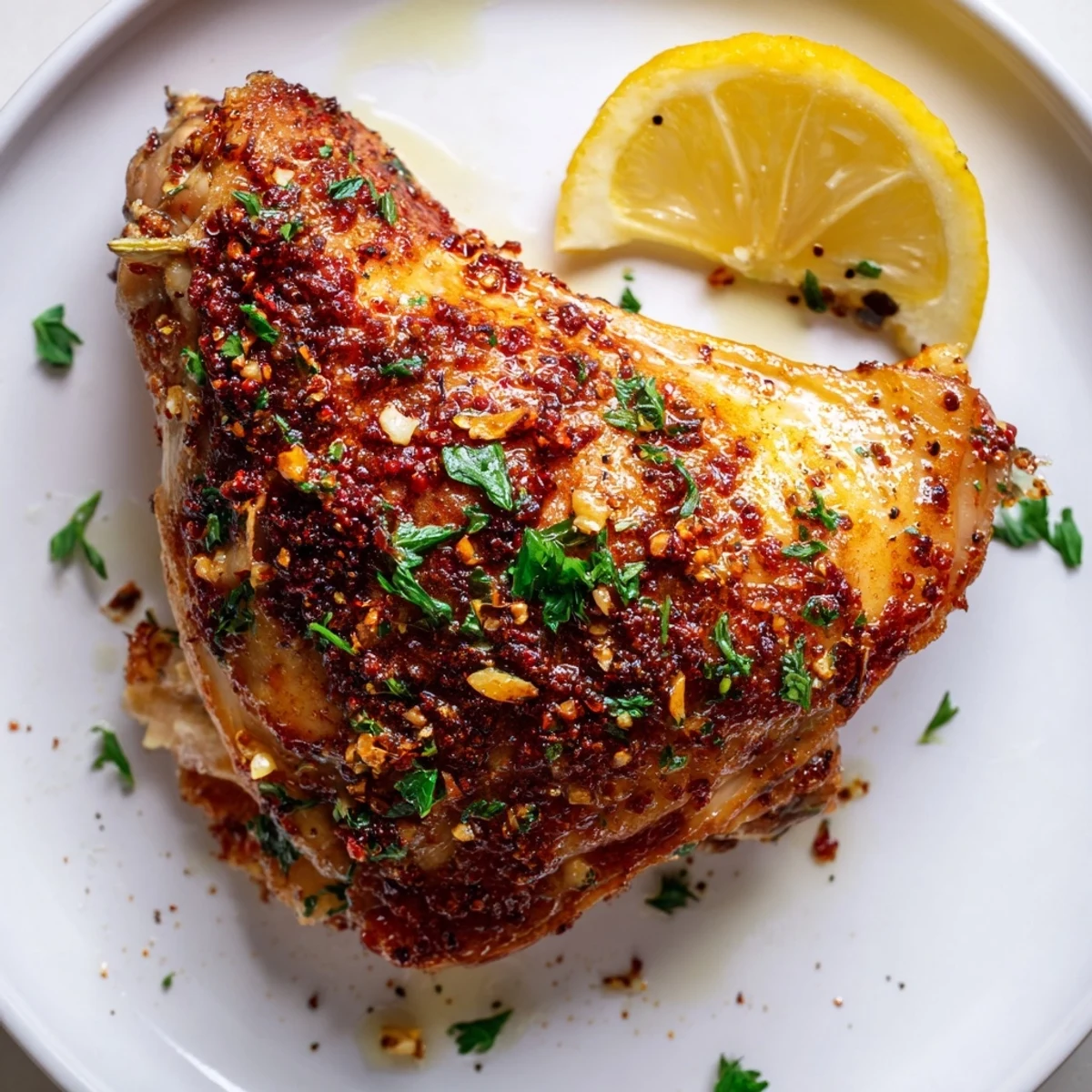 Close-up of irresistibly crispy garlic chicken thighs, showcasing the golden, savory crust texture.