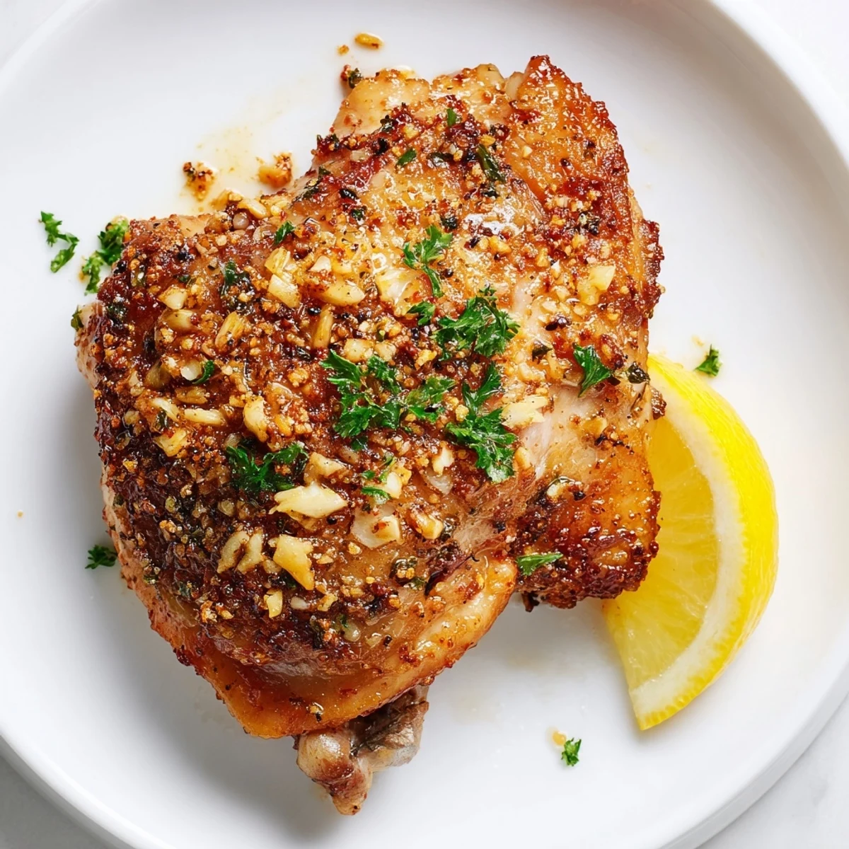 Delicious, juicy crispy garlic chicken thighs displayed on a baking sheet, perfect for dinner.