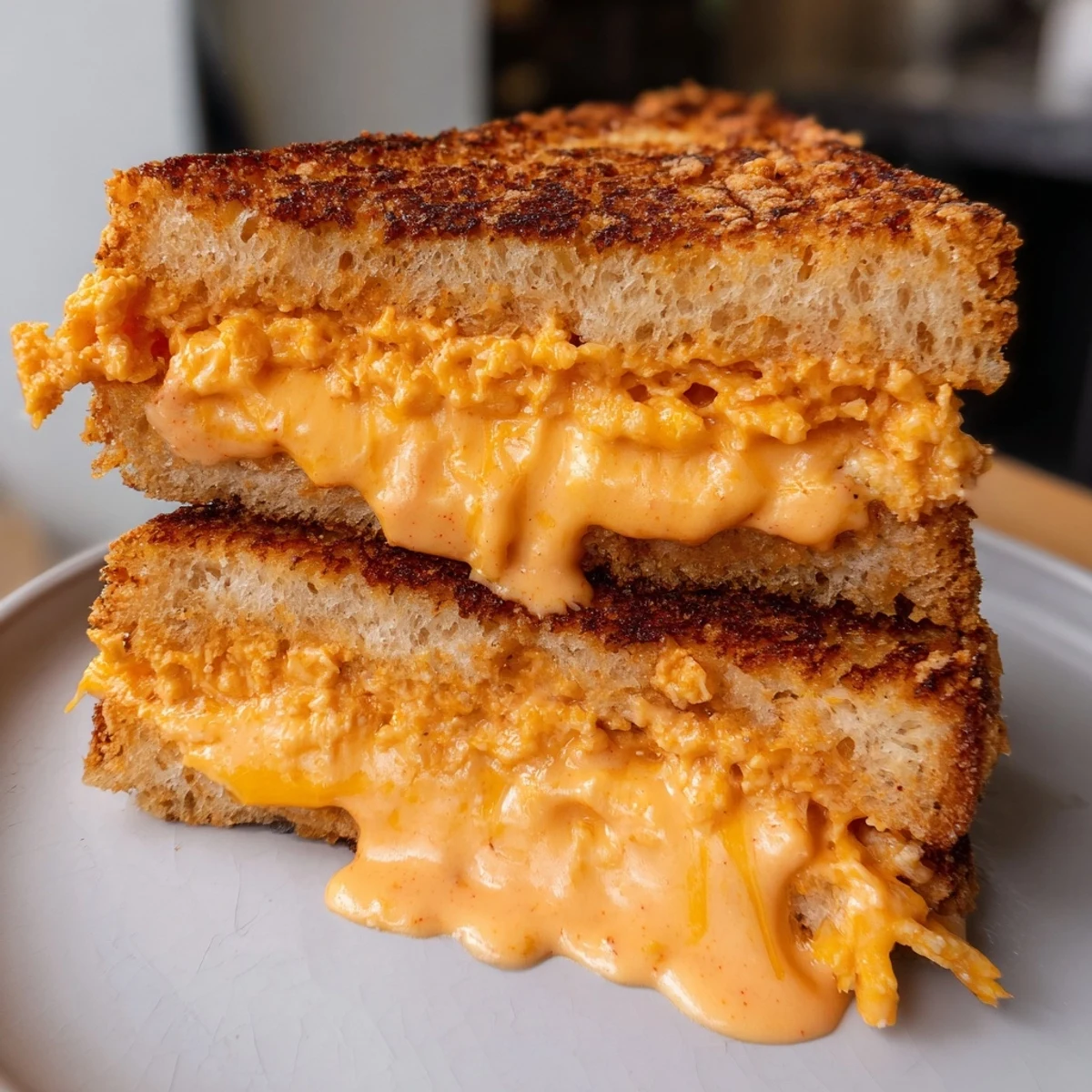 Melted cheddar oozes from this golden-brown Spiked Grilled Cheese with spicy sriracha mayo.