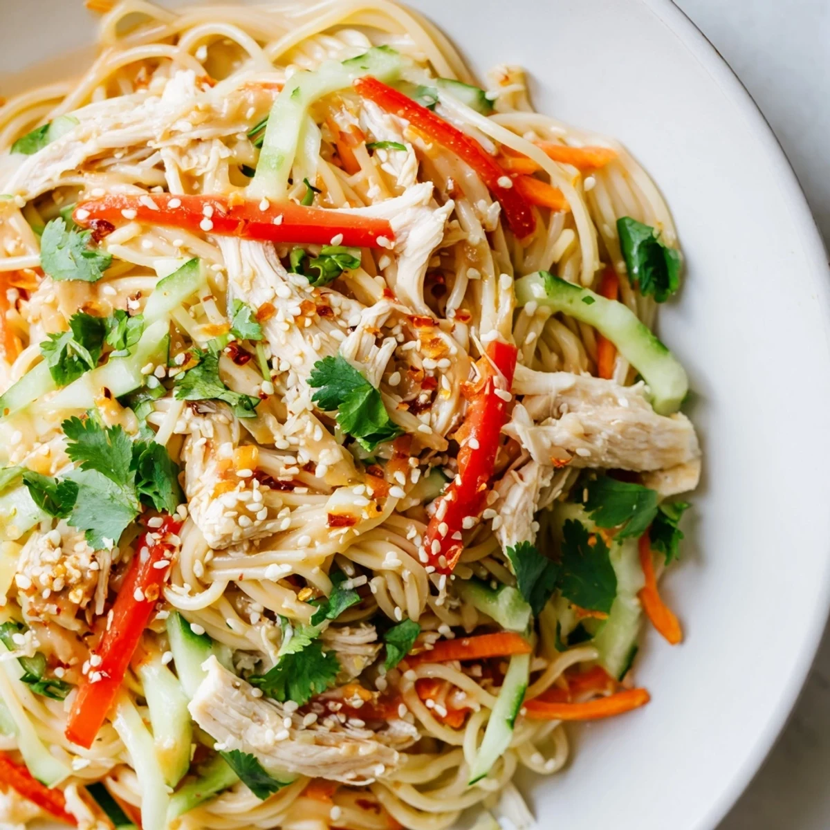 Chilled Chicken Noodle Salad with vibrant vegetables, dressed in a savory sesame sauce, ready to serve.