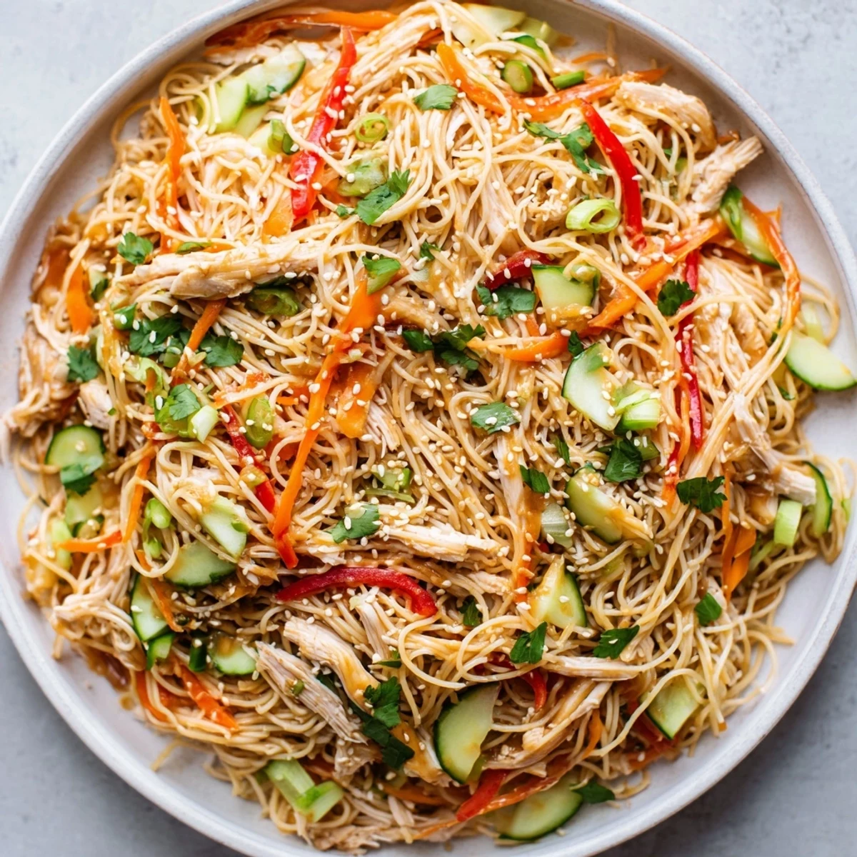 Enjoy a refreshing bowl of flavorful Chilled Chicken Noodle Salad, perfect for a light lunch.