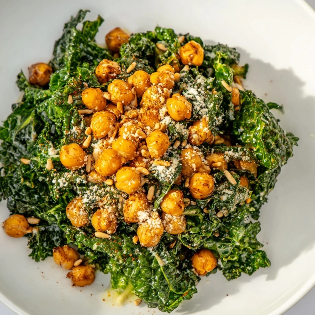 Warm Kale Salad with Crispy Chickpeas, a colorful bowl of tender kale and golden chickpeas.