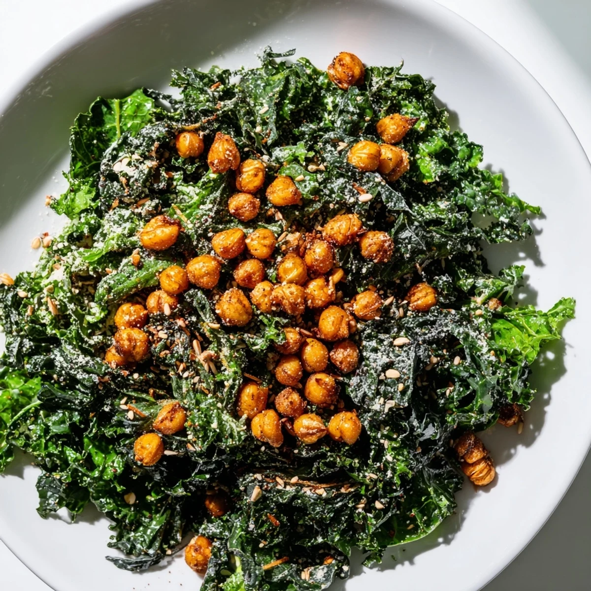 Savory Warm Kale Salad with Crispy Chickpeas, featuring crunchy chickpeas and massaged kale ready to eat.