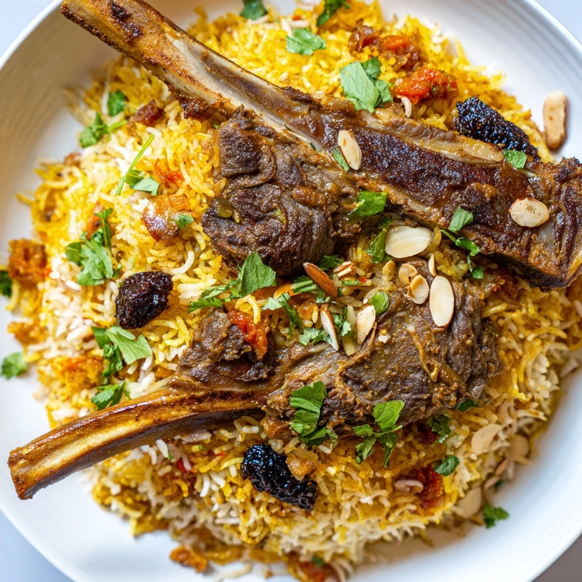 Fragrant Qatari Majboos, fluffy basmati rice and tender lamb, ready to serve with fresh cilantro.