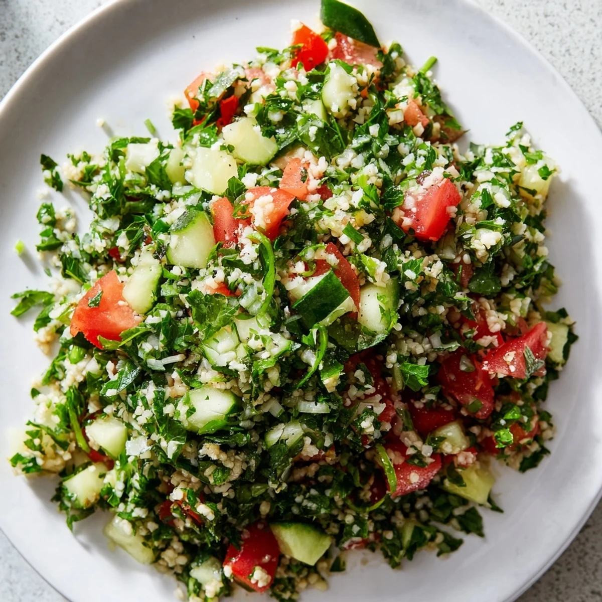 A large bowl overflowing with vibrant Lebanese Tabbouleh Salad showing the fresh ingredients.