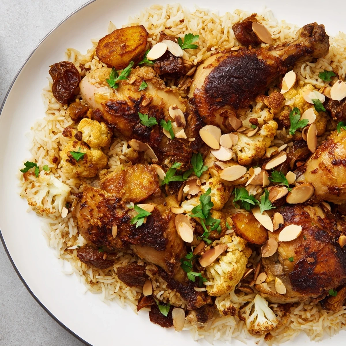 Aromatic and layered Palestinian Maklouba, with tender chicken and fluffy rice, served hot.