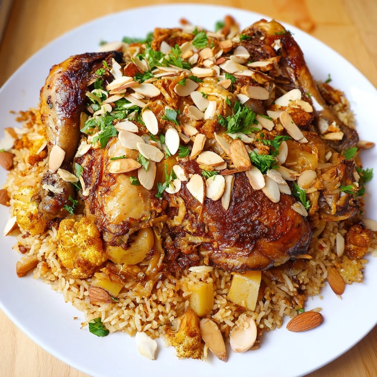 Hearty Palestinian Maklouba: A beautifully inverted dish with spiced rice, vegetables, and chicken.