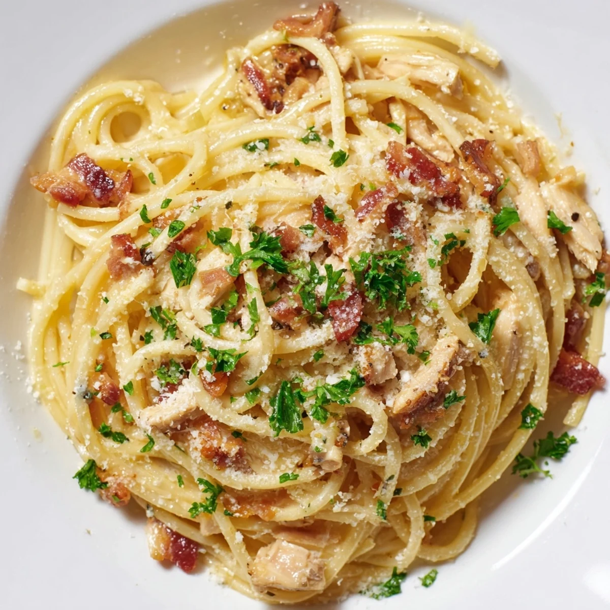 Ein Teller nudeliger Carbonara mit Hähnchenfleisch und knusprigem Bacon liegt neben einem Glas Weißwein.