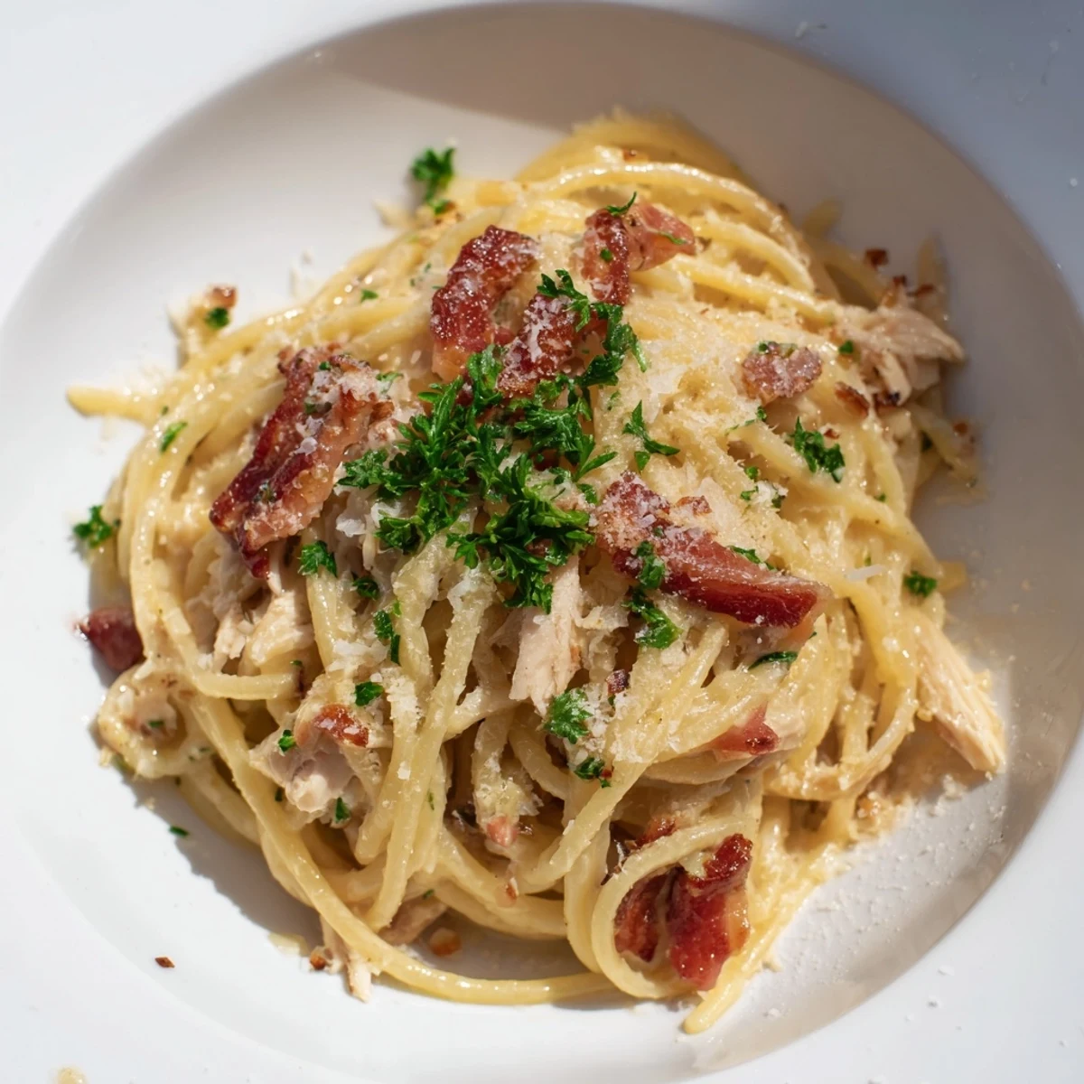 Hühnchen Carbonara kommt mit Eier-Sahne-Soße auf der Gaze und frisch gehackter Petersilie serviert.