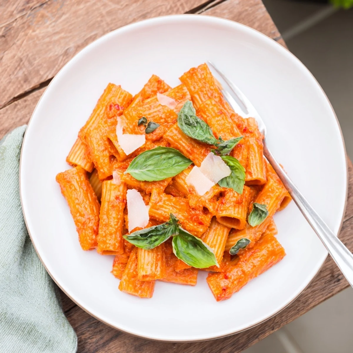 Gekochtes Spicy Rigatoni Pasta in einer cremigen, scharfen Tomatensauce, garniert mit frischem Basilikum und geriebenem Parmesan für US-Foodie-Fotos.  