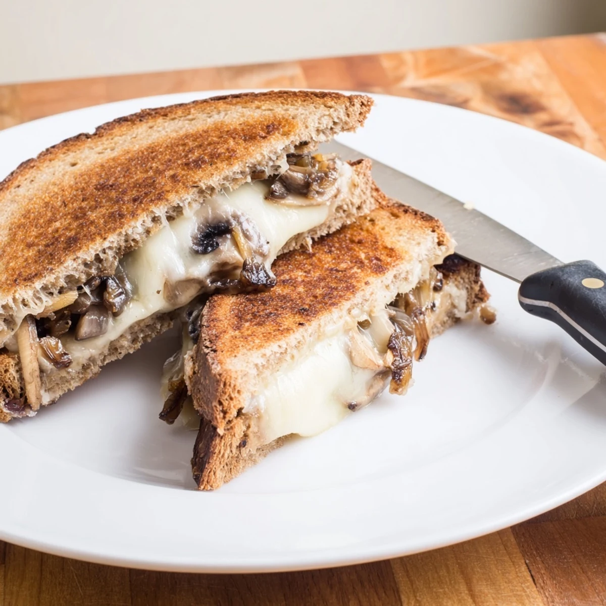 Frisch gebratene Champignons und geschmolzener Schweizer Käse zwischen knusprigem Roggenbrot im Mushroom Swiss Grilled Cheese, ideal für ein gemütliches Abendessen.