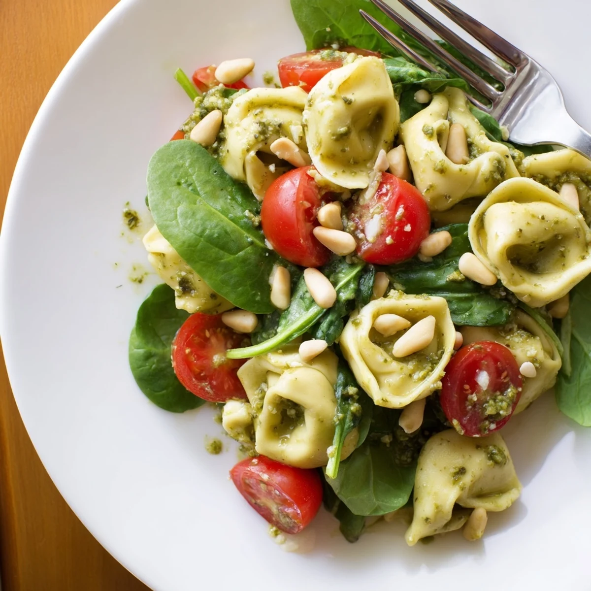 Frischer Pesto Tortellini Salad mit Kirschtomaten und Babyspinat auf einem weißen Teller, angerichtet für einen sommerlichen Picnic- oder Potluck-Abend mit Nüssen und Käse.