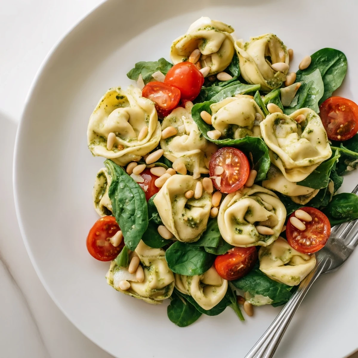 Gehobene Schale mit warmem Pesto Tortellini Salad, würziger Basilikum-Pesto-Sauce und saftigen Tomaten, serviert für eine gemütliche Familienmahlzeit im US-Sommer.