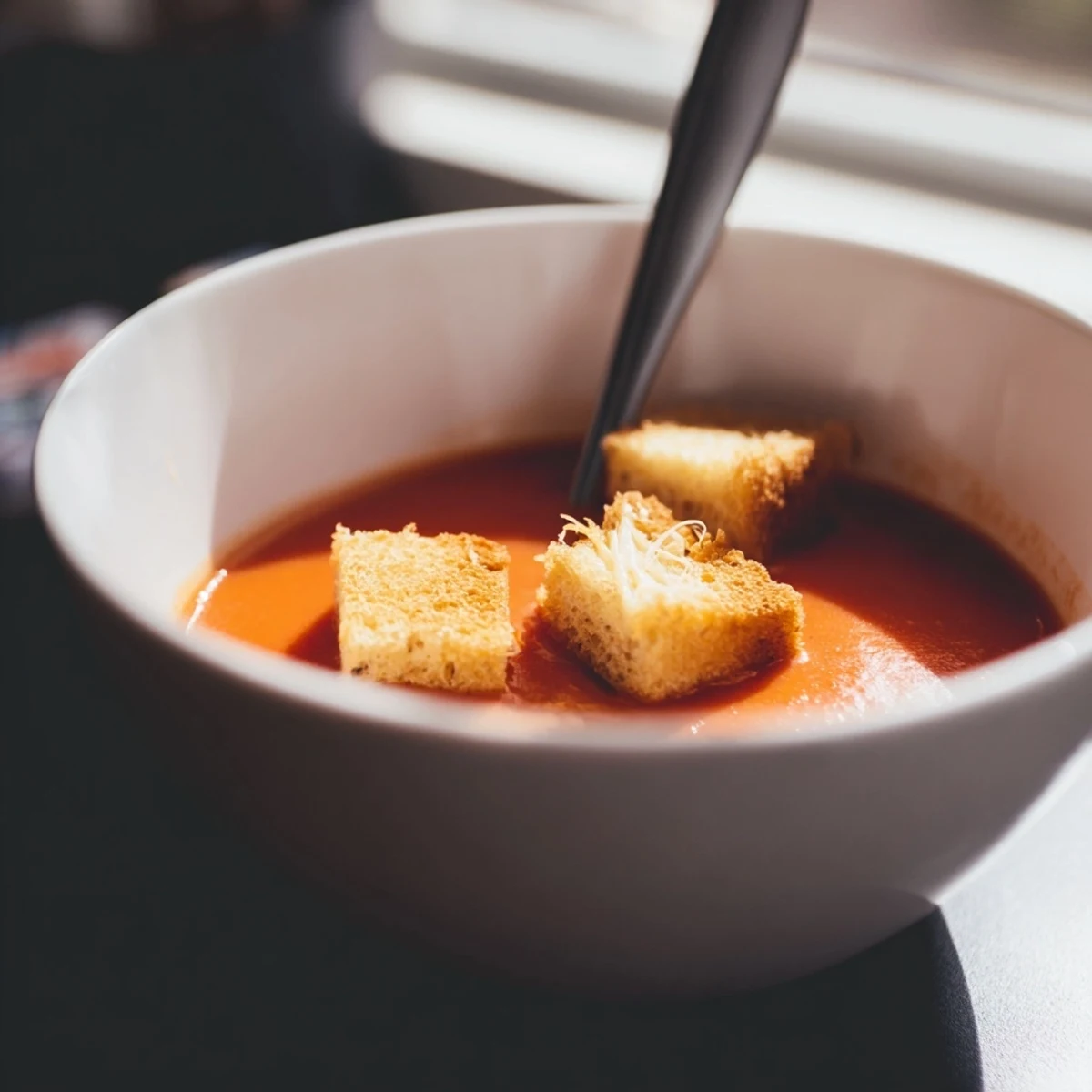 A warm bowl of Roasted Tomato Soup with Grilled Cheese Croutons topped with fresh basil leaves, perfect for cozy family dinners.